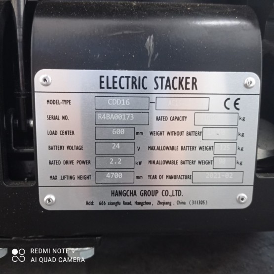 Elektrinis aukštai keliantis palečių vežimėlis Hangcha CDD16-AC1S-LI R4BA00173