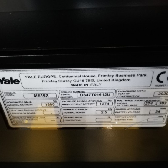 Elektrinis aukštai keliantis palečių vežimėlis Yale MS16XIL D847T01612U