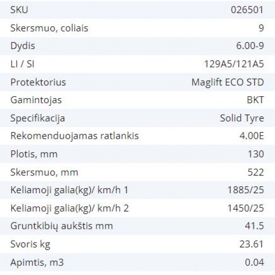 Masyvinė padanga 6.00-9 4.00E BKT MAGLIFT ECO STD 129A5/121A5