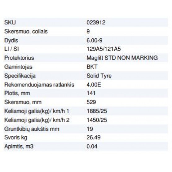 Masyvinė padanga 6.00-9 4.00E BKT MAGLIFT STD NON MARKING 129A5/121A5