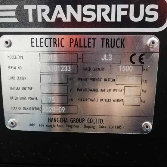 Elektrinis palečių vežimėlis Hangcha CBD15-JL3 (40 Ah li-ion) 1500kg